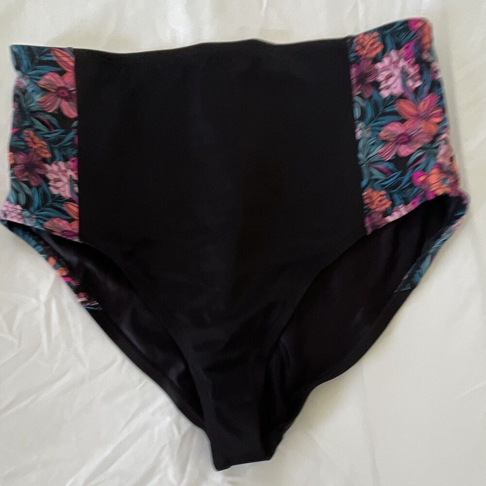 VENUS High-Waisted Bikini Bottom Size 12 Black Floral Side Panels Stretch